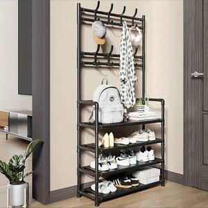 TEMU 입구용 다용도 코트 및 신발 정리 랙, 공간 효율적인 디자인, 블랙 색상, 4단