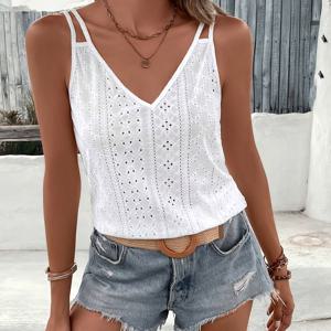 TEMU 여성용 흰색 자수 V넥 슬리브리스 탑 - 캐주얼 여름 블라우스, 가벼운 폴리에스터, 해변 또는 캐주얼 의상에 완벽, 해변 의상 탑 | 프릴 하단 탑 | 가벼운 블라우스