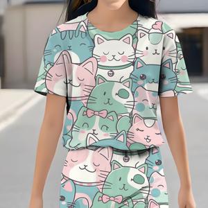 TEMU 어린이용 귀여운 스타일의 고양이 캐릭터 반팔 티셔츠 + 쇼츠 스포츠웨어 그린 아이-클로즈드 캣 세트, 야외 활동에 완벽