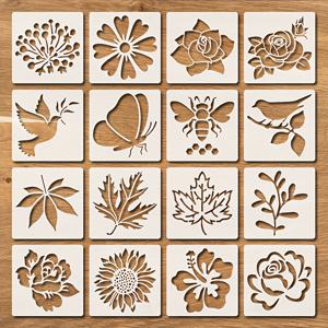 TEMU 16개 꽃과 새 그림 스텐실 세트, 재사용 가능한 3.9인치 디자인 (꿀벌, 가지 위에 앉은 새, 장미, 나비, 잎). 캔버스 벽화로 농가 스타일의 홈 데코에 완벽합니다.