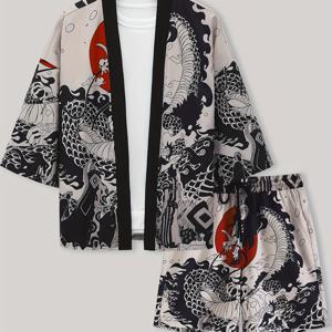 TEMU 남성용 일본 스타일 용과 인간의 전투 불타는 꽃 기모노 반바지 라운지웨어 세트