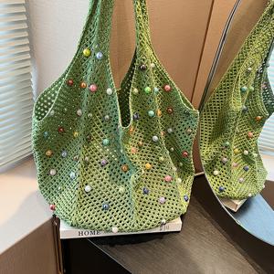 TEMU 여성용 게으른 해변 휴가 직조 가방, 여름 진주 속이 빈 겨드랑이 가방, 대용량 출퇴근 숄더 토트