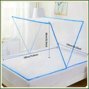 TEMU 3초 설치 없는 접이식 모기 네티, 단일/더블 침대용 - 블루 & 화이트 클램쉘 디자인, 고정 클립이 있는 안정적인 모기 네티, 내구성 있는 폴리에스터 원단, 학생 및 기숙사용으로 완벽, 침대용 모기 네티, 기숙사용 필수품, 쉬운 설정 네티, 메쉬 구조