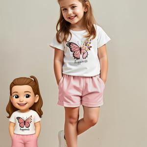 TEMU 여아용 여름 의상 2pcs: 나비 프린트 반팔 블라우스 & 단색 반바지 - 봄/여름 놀이복에 적합한 반팔 상의 & 매칭 반바지, 세탁기 사용 가능 2pcs