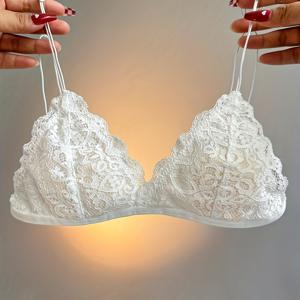 TEMU 커플용 초박형 플로럴 레이스 속옷, 프렌치 스타일 트라이앵글컵 브라, 얇은 끈과 오픈백 디자인의 브라렛, 와이어프리, 토끼 귀 패드, 논푸쉬업