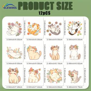 TEMU 12pcs 스프링 고양이 DIY 전송 DTF 전송 스티커 세탁 가능한 열전달 디자인 비이불화 티셔츠 마스크 청바지 배낭
