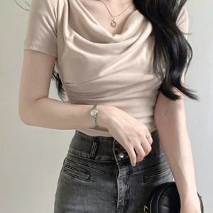 TEMU ZX028 여성용 우아한 라운드넥 반팔 블라우스 - 단색 비침 없는 셔츠, 기계 세탁 가능 여름 티셔츠, 캐주얼 및 업무복으로 적합, 라운드넥 아님 상의, 활용도 높은 옷장 필수템