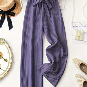 TEMU 하이웨스트, 러플 엣지, 보우 타이가 특징인 보라색 플리츠 와이드 레그 팬츠, 드레이프 스타일