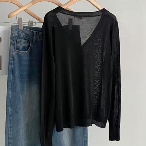 TEMU 플러스 사이즈, 플러스 사이즈 솔리드 컬러 프론트 버튼 롱 슬리브 심플 캐주얼 여성용 블랙 스웨터 가디건