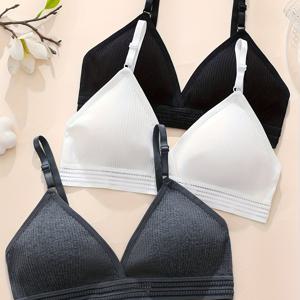 TEMU 3색 세트 우아한 솔리드 컬러 무선 브라, 탈착식 패드 포함, 성인용, 편안한 일상 착용, 블랙/화이트/다크 그레이