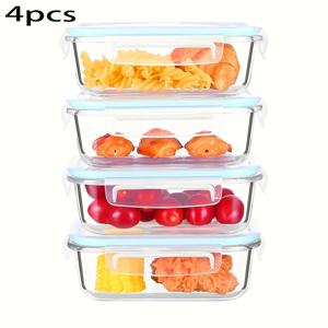 TEMU 4개입 전자레인지 사용 가능 유리 도시락 세트 - 재사용 가능, 누수 방지 도시락 용기, 사무직 근로자 및 가정용으로 적합 - 학교, 캠핑 및 피크닉에 완벽