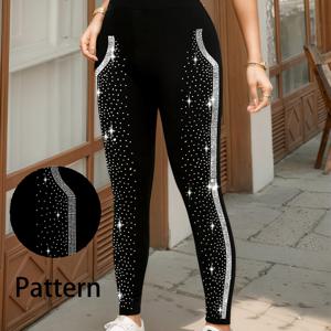 TEMU 여성용 사이드 커브드 별이 빛나는 하늘 비정형 레깅스, 반짝이는 라인스톤 장식, 통기성 있는 스트레치 타이츠, 캐주얼 및 파티 패션웨어용
