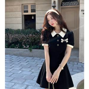 TEMU 여성용 블랙 폴로 원피스, 작은 키를 위한 맞춤 제작, 고급스러운 프랑스 티 분위기, 2025년 신상 여름 컬렉션