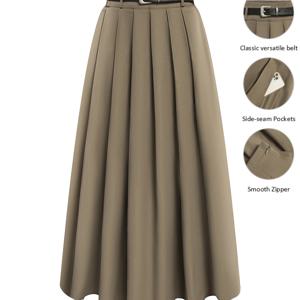TEMU DP070401 + 링샨 디렉셔널 + 여성용 우아한 가을 A라인 스커트 힙 커버링 하이웨이스트 스커트 플리츠 롱 스커트 (벨트 포함)