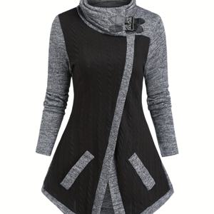 TEMU 여성용 우아한 하이넥 롱라인 블라우스 - 그레이 컬러블록 칼라 탑, 봄/가을 세탁기 사용 가능 아우터웨어, 캐주얼부터 드레시까지 다용도 긴팔 셔츠