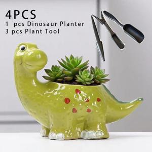 TEMU 공룡 세라믹 다육이 화분 세트 4개: 1개의 귀여운 유약 화분(배수구 포함) + 3개의 심기 도구. 다육이/소형 꽃에 이상적, 집/사무실/정원을 위한 매력적인 장식. 식물 애호가를 위한 완벽한 선물!