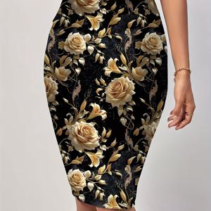 TEMU 유럽과 미국의 우아하고 지적인 연필 스커트, 입체 장미 프린트 여성 숏 스커트, 히트 원단, 허리 주름