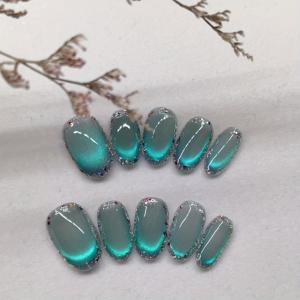 TEMU 10개입 핸드메이드 타원형 인조 네일 스티커, 보석 고양이 눈 효과 인조 네일 세트, 네일 아트 매니아, 가을 겨울 신상 네일 스티커, 착용 보조 도구 키트 포함, 이상적인 선물 선택