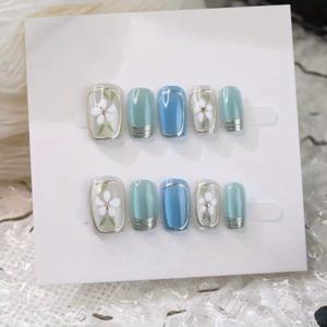 TEMU 817# 10개입 신선한 블루-그린 플로럴 네일 스티커, 손으로 그린 꽃과 은색 엣지, 부드러운 요정 같은 매니큐어에 완벽