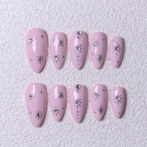 TEMU 10개입 핸드메이드 아몬드 프레스 네일 핑크 베이스 별 스파클 실버 물방울 무늬 우아한 매니큐어, 데일리 파티 및 모든 행사에 적합, 재사용 가능