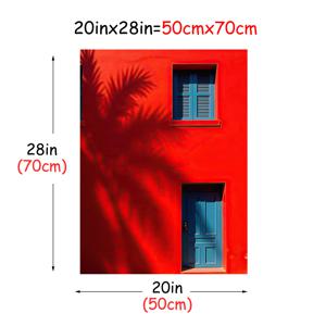 TEMU 2D 플랫, 2D 플랫, 빨간 벽과 파란 창문이 있는 프레임리스 팔미 실루엣 1개, 창의적인 캔버스 포스터로 디자인되었습니다. 이 예술 작품은 거실, 침실, 식사 공간, 커피숍을 장식하는 데 완벽합니다.