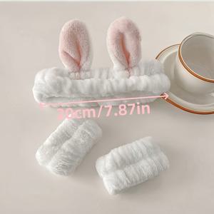 TEMU 세안용 귀여운 토끼 귀 머리띠 3개 세트, 흡수성 팔찌, 솔리드 목욕 추가품 (세안 머리띠, 팔찌, 방습 스펀지 메이크업 & 머리띠 포함)