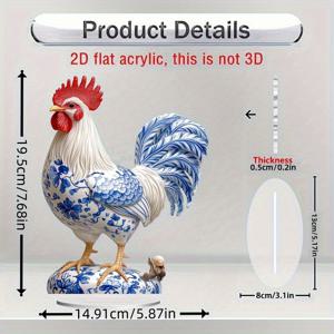 TEMU 2D 플랫, 2D 플랫 수제 아크릴 유리 스타일 수탉 장식 - 화이트 & 블루 플로럴 데스크탑 오너먼트, 홈, 오피스, 가든, 휴일 장식용 - 크리스마스, 부활절, 추수감사절, 할로윈, 주방 장식, 판타지 테마 아트워크, 2D 플랫 독특한 선물, 사무실 장식품,예술적 디자인,내구성 있는 소재,가벼운 예술 작품,장식용 조각품,홈 데코레이터