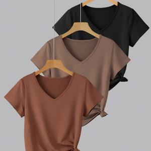 TEMU 3팩 여성용 V넥 반팔 티셔츠 | 캐주얼 단색, 봄/여름/가을용 레귤러 길이