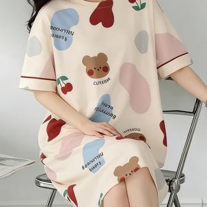 TEMU 여름 여성용 캐주얼 편안한 잠옷, 귀여운 카툰 체리 프린트 반팔 나이트가운