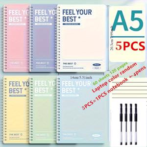 TEMU 5개입 패키지 (스파이럴 노트 1개 + 펜 4개 포함). 간편한 하드커버 스파이럴 노트, 탈착식 페이지 및 가로/세로 줄. 사무실 및 학습 용품