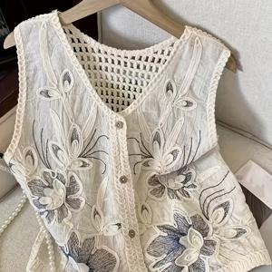 TEMU 여성용 데일리 캐주얼 보호 플로럴 자수 베스트 민소매 홀아웃 크로셰 버튼업 여름 아우터웨어