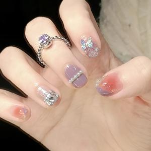 TEMU 24개입 핸드메이드 숏 스퀘어 프레스온 네일 - 여성용 글리터 퍼플 펄 네일, 나비 & 디자인 포함, 파티, 웨딩, 데일리웨어용 재사용 가능한 인조네일