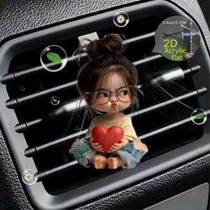 TEMU 2D 평면, 입술을 내민 귀여운 소녀, 하트를 잡고 있는 모양, 무향, 자동차 에어 벤트용 아크릴 장식 클립, 차량용 향기 디퓨저, 무취 스펀지 시트 2장 포함, 향료 없음, 차량 내부 장식. 차량 장착 용품