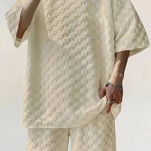 TEMU 남성 홈웨어 와플 파자마 단색 더블 포켓 하이엔드 체스 격자 남성 반팔 봄, 여름, 가을 스타일 외출 가능 남성 탄성 허리 반바지 세트 하이엔드 홈 파자마