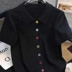 TEMU 2026 봄/여름 신상 여성용 새로운 칼라 반팔 레트로 스위트 쿨 컬러 버튼 슬림핏 숏탑 데일리 캐주얼 스파이시 탑