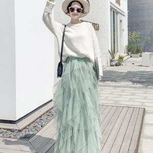 TEMU 단색 러플 메쉬 레이어드 스커트, 캐주얼 A라인 신축성있는 허리 맥시 스커트 봄 & 여름, 여성 의류
