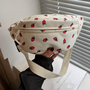 TEMU 멀티펑셔널 코듀로이 캐주얼 딸기 패턴 메신저백, 웨이브드 허리 가방, 체스트 백, 휴가 스포츠 벨트백, 여성용 크로스바디 폰 파우치