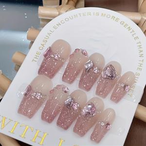 TEMU 10개입 고급 핑크 복숭아 핸드메이드 인조 네일, 장식 미디엄 길이 여성 네일 패치