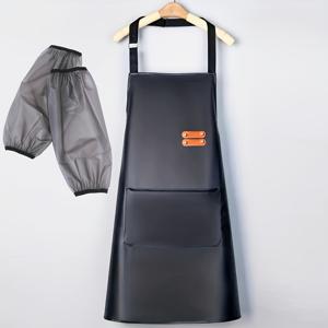 TEMU 앞치마와 소매 커버 세트 - 고품질 앞치마 1개와 PU 소매 커버 2개, 세탁 불필요한 합성 가죽 제작, 앞주머니 비브 앞치마, 세척 용이 - 셰프, 바베큐, 웨이터, 헤어살롱, 케이터링 등에 적합, 다양한 색상 제공