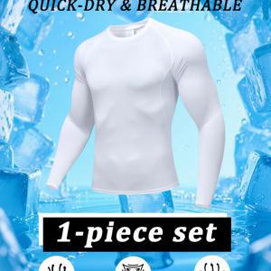 TEMU 남성용 퀵 드라이 컴프레션 긴팔 티셔츠 - 통기성 좋고 신축성이 뛰어난 스포츠 탑, 헬스, 러닝 및 야외 활동에 적합, 가볍고 흡습성이 뛰어나 연중 훈련에 적합