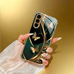 TEMU 휴대폰 케이스 - 금색 나비가 고급스러운 덩굴에 엮여 있는 이 금도금 사각 유리 폰 케이스는 삼성 갤럭시 S21/22/23/24/25 PLUS/S21/22/23/24/25 ULTRA와 호환됩니다.