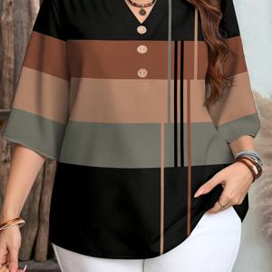TEMU 플러스 사이즈 여성용 캐주얼 버튼업 컬러 블록 브이넥 루즈핏 3/4 소매 셔츠
