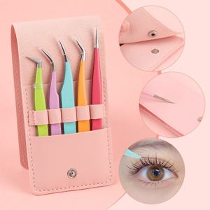 TEMU 스테인리스 스틸 인조 속눈썹 핀셋 5개 세트, 골든 깃털 클립 포함 - 모든 라이트 커피색 종류의 쌍꺼풀 컬러에 적합, 무향 속눈썹 스타일링 도구, 아이래쉬 컬러 도구, 우아한 뷰티 액세서리, 내구성 있는 뷰티 도구