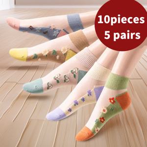 TEMU 10개입, 여름 아이스 여성용 숏 튜브 양말 5개, 유리 숏 삭스, 자수 레이스 보트 삭스, 초박형, 통기성, 미끄럼 방지