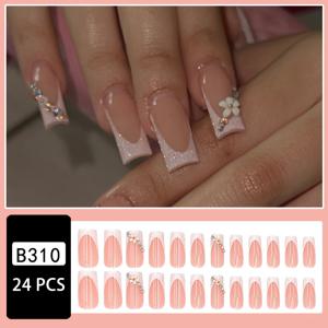 TEMU 광택 라인스톤이 장식된 우아한 플로럴 디자인 프렌치 인조 손톱 24개 세트, 방수 및 탈착 가능, 젤리 글루 및 파일 포함