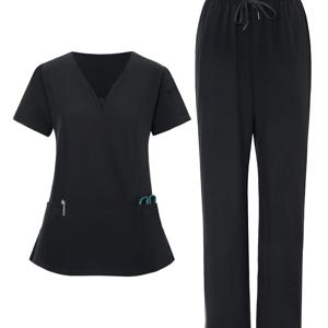 TEMU 오리지널 SPU: 698655028 여성용 조깅 무광 스트레치 세트, 주머니 포함 신축성 있는 간호사 유니폼 작업복 스크럽, 통기성 있는 신축성 있는 상의와 드로스트링 허리 주머니 바지 세트