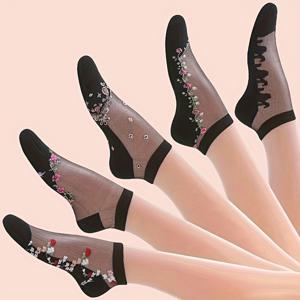 TEMU 5켤레 짧은 블랙 아이스 자카드 레이스 트림 여성 양말