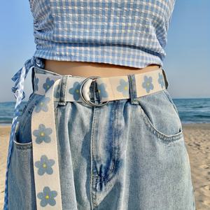 TEMU 1개 파란색 꽃무늬 천 허리 벨트