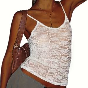 TEMU 여성용 섹시 레이스 트림 반투명 캐미솔 탑 - 오프숄더 티셔츠 스타일, 봄 여름 가을용 통기성 미드 스트레치 원단, 다재다능한 레이어링 필수품, 젊은 패션 | 섬세한 레이스