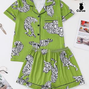 TEMU 플러스 사이즈 여성용 타이거 프린트 잠옷 세트, 편안한 칼라 버튼 반팔 셔츠와 캐주얼 루즈 쇼츠, 사계절 착용 투피스 파자마